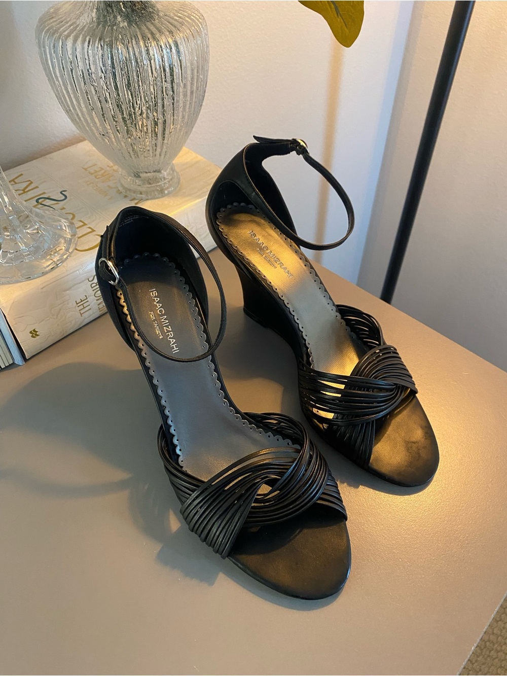 Isaac Mizrahi Black Strappy Wedge Sandals with Ankle Strap/NWOT + box